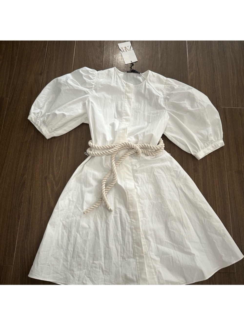 Zara Ivory Puff-Sleeve Shirt Dress with Rope Belt